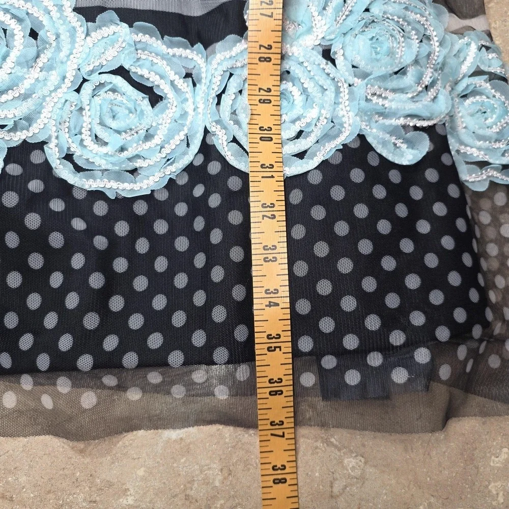 Bonnie Jean Dress Girls 20 Plus Black Stripe Dot Aqua Floral Tulle Belt Party